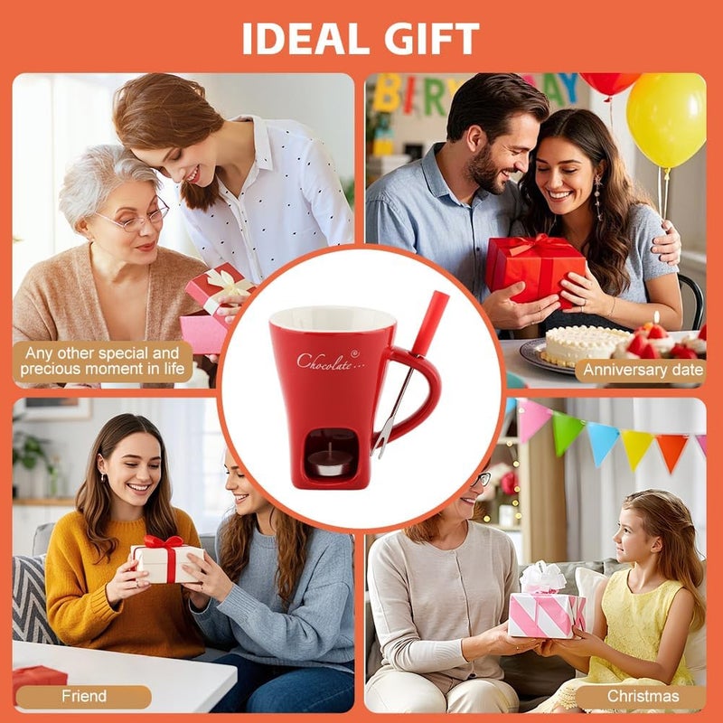 WeiLingBo Chocolate Fondue Cup,Chocolate Fondue Mug with Fork and Candle,Ceramic Chocolate Melting Cup for Birthday Date Night Birthday Wedding Gifts (11.5 * 5.5 * 8.5cm,COLOR:Red) - Image 5